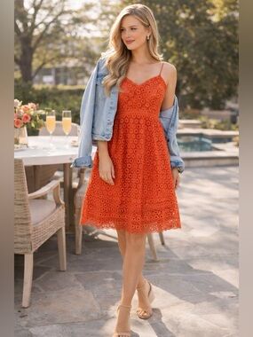 J.Crew Orange Lace Fit & Flare Dress Size 8 Eyelet Floral Spaghetti Strap